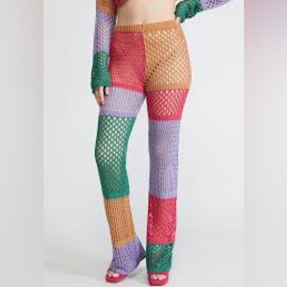 The Ragged Priest Atom Color Block Crotchet Knit Sheer Pants - Picture 1 of 7